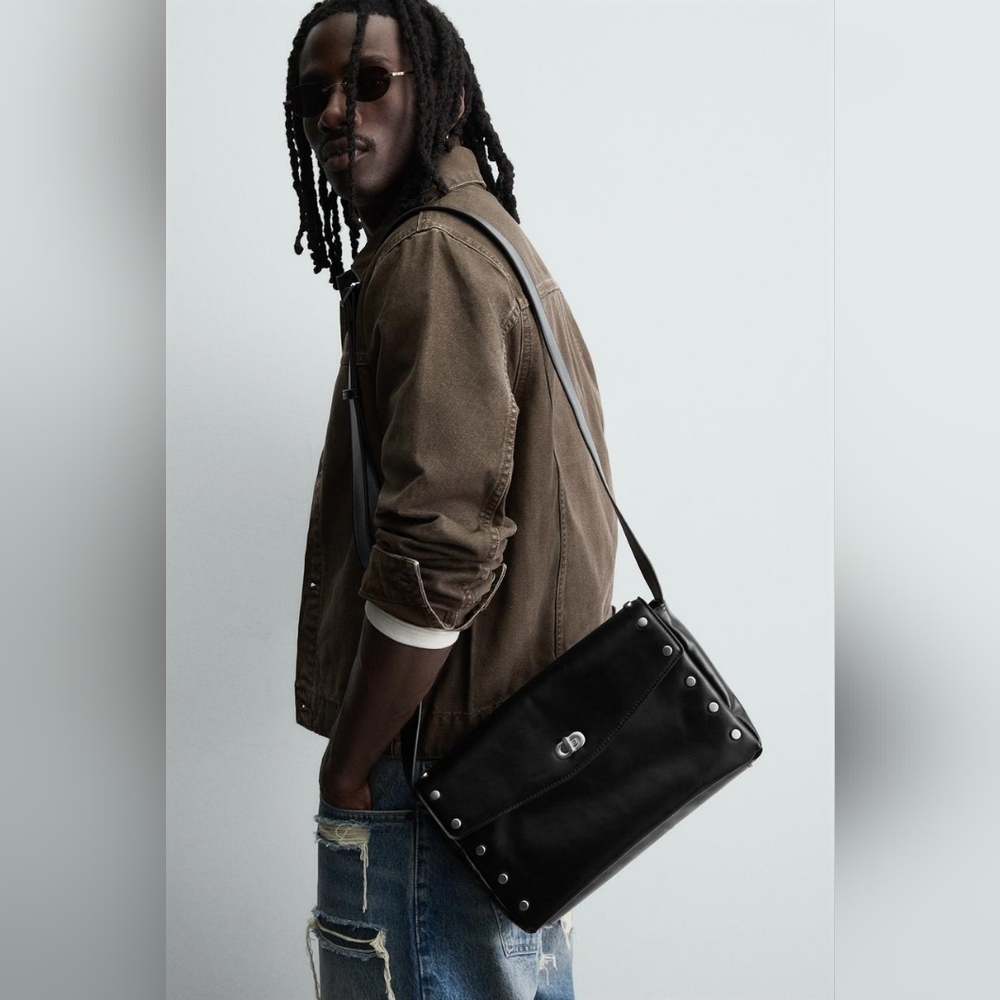 Zara Black Leather Studded Messenger Bag